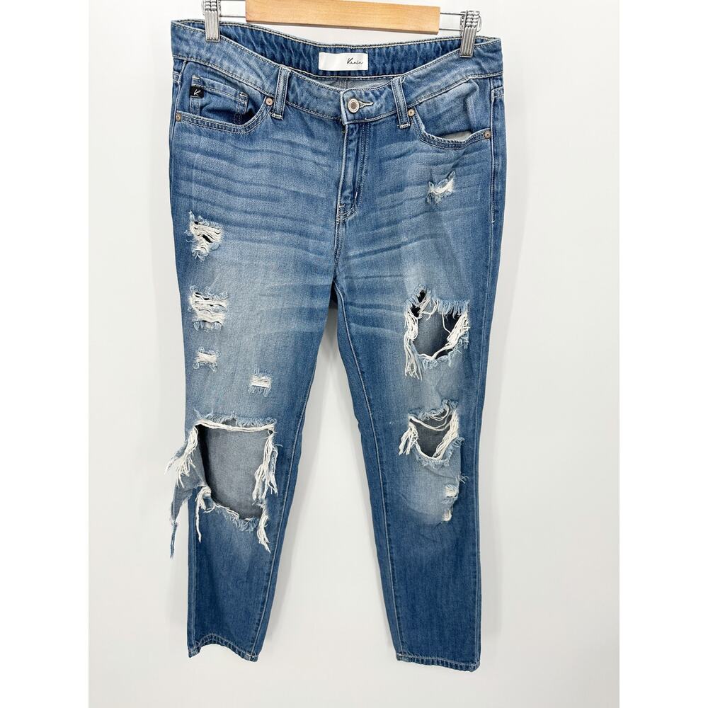 KanCan Women Boyfriend Relaxed Denim Jeans Size 7/27 Distressed Mid Rise STretch